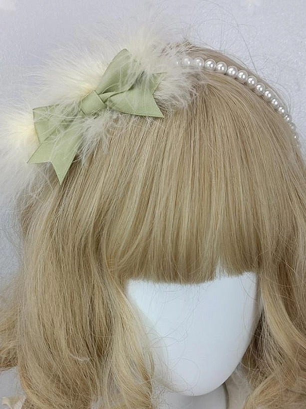 Sage green satin bow lolita headdress with soft white feather and pearl headband, romantic rococo-inspired accessory, front angle display