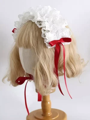 Elegant Lolita headdress accessory with vibrant red satin ribbon bows and premium ruffled lace detailing, vintage-inspired sweet Lolita aesthetic