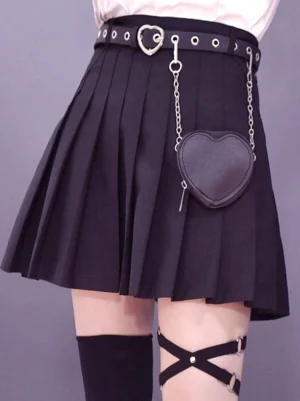 Lolita heart fanny pack belt full body styling with pleated skirt thigh highs and cross leg garter silver heart-shaped buckle