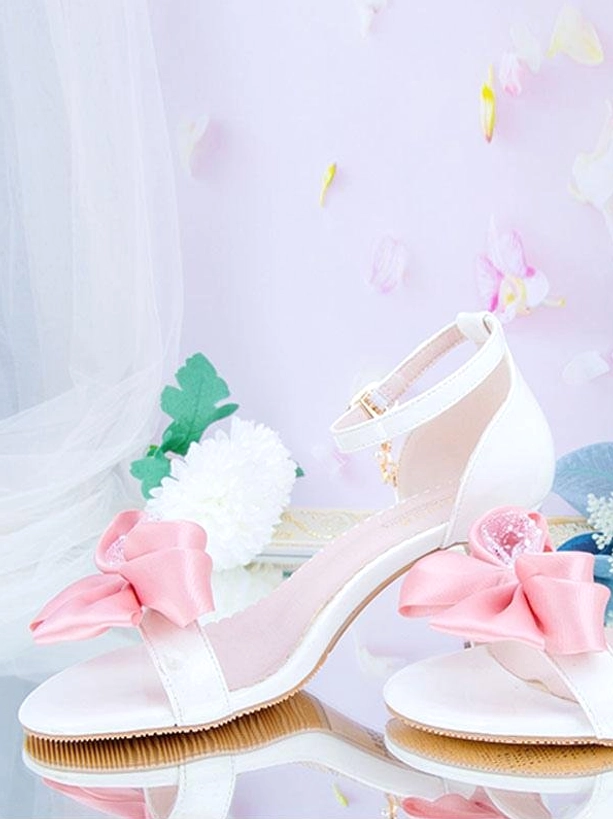 Lolita pointed toe heel sandals three-quarter side view white leather pink satin bow block heel pastel floral