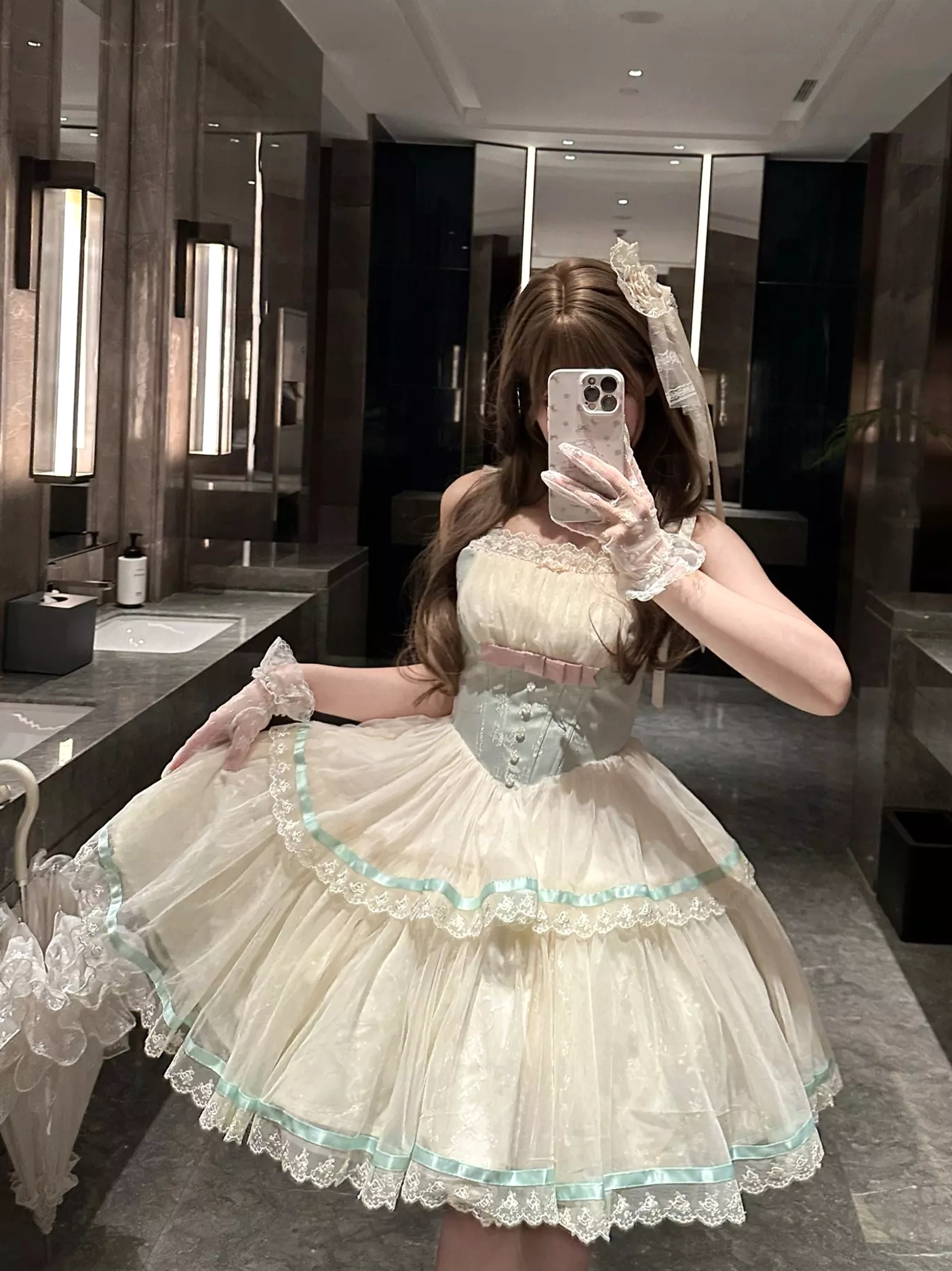Lolita JSK dress indoor mirror selfie sheer layered tulle skirt formal lace gloves styling inspiration