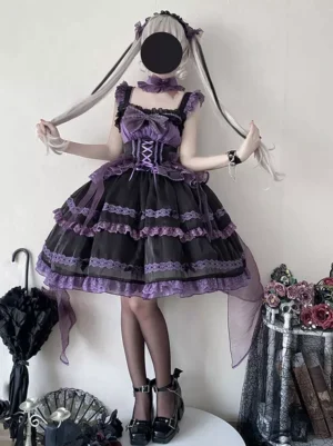 Lolita jumper skirt side angle showing layered ruffled purple lace skirt construction, matching gothic choker necklace, detailed tiered design