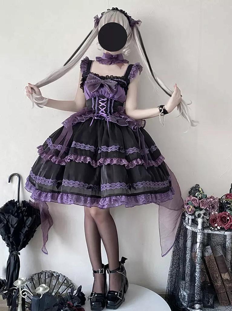 Lolita jumper skirt side angle showing layered ruffled purple lace skirt construction, matching gothic choker necklace, detailed tiered design