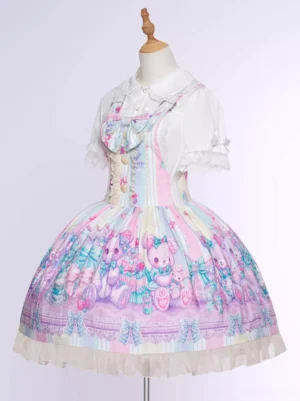 sweet lolita jumper dress with lace blouse three-quarter view white ruffled inner shirt front bow coordinate