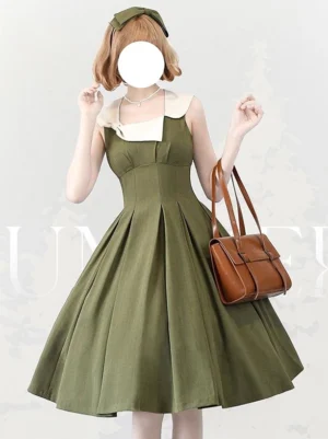 Traditional lolita dress three-quarter front angle with color block design and structured pleated silhouette