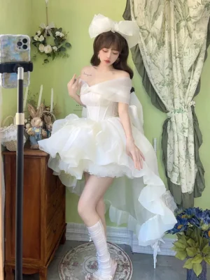 off-shoulder sweet lolita dress corset bodice ruffled high-low train skirt leg wraps matching hair bow three-quarter view