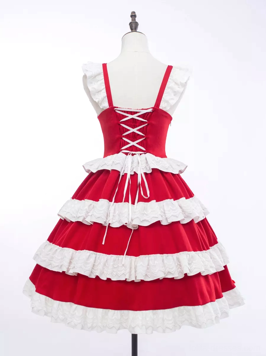 Lolita jumper dress skirt detail flared silhouette layered lace ruffles polyester fabric