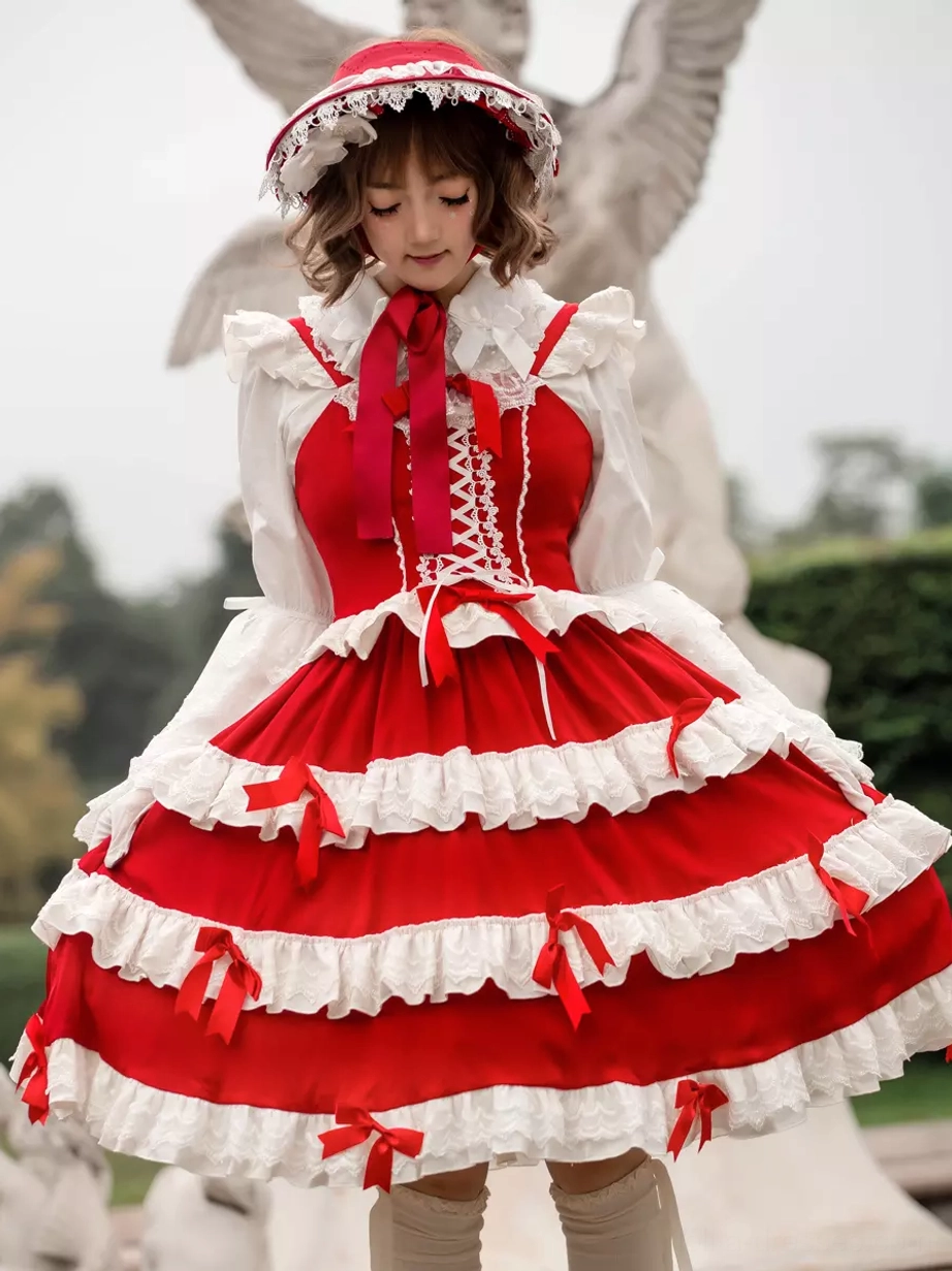Lolita jumper dress wide flared circle skirt ruffled collar trim low-angle front view garden