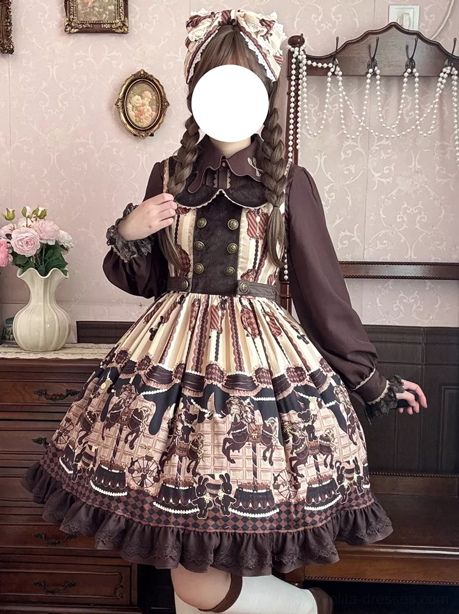 Sweet lolita jumper skirt side three-quarter view showing fitted waist ruffled hem and one knee sock vintage bedroom setting