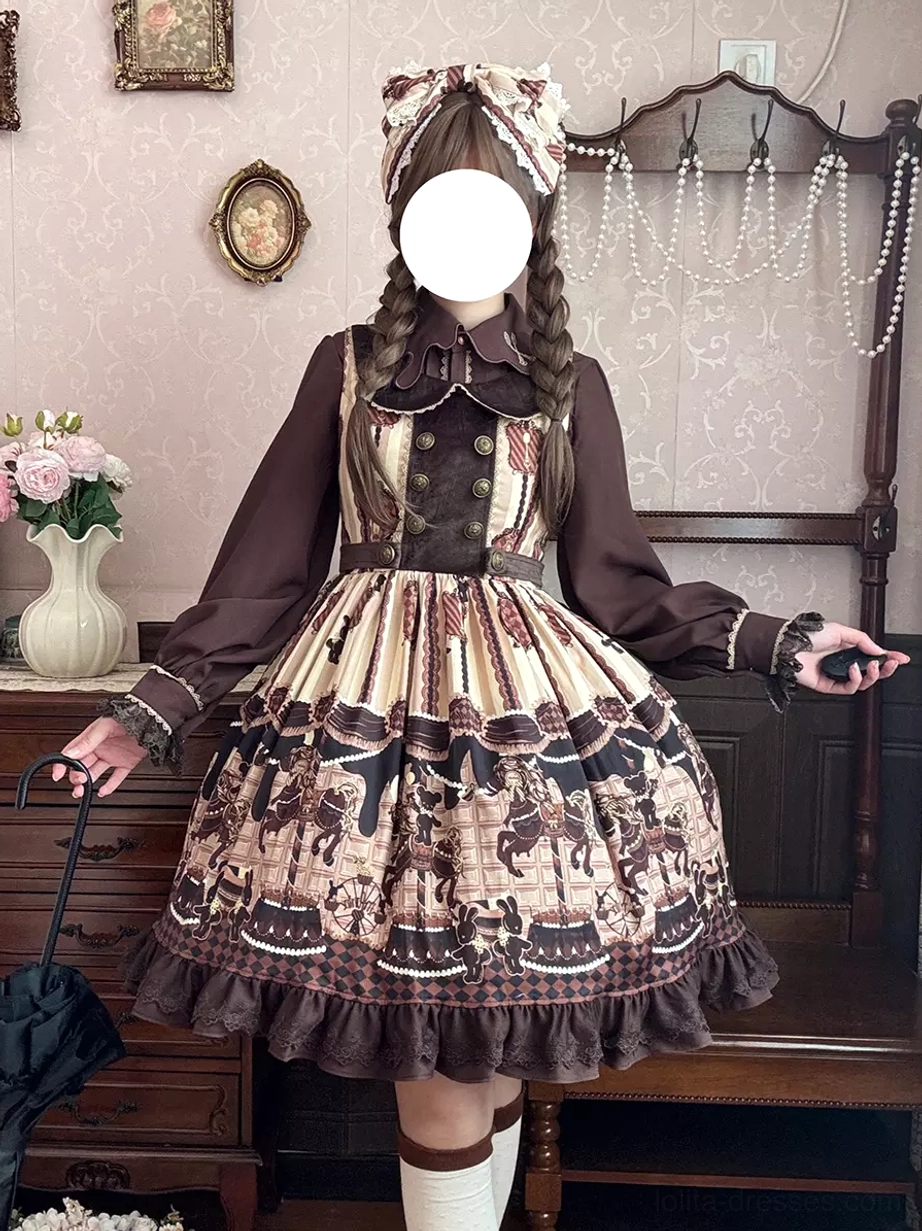Lolita jumper skirt set side view with long sleeve inner shirt holding umbrella showing white knee sock and ruffled hemline