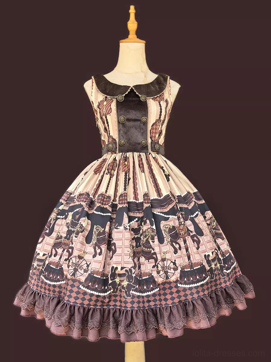 Sleeveless lolita jumper skirt flat display front view dress form showing Peter Pan collar lace ruffled hem chocolate brown