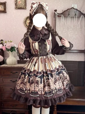Sleeveless lolita jumper skirt with Peter Pan collar full body front view faceless model showing ruffled hem and dark brown color tone
