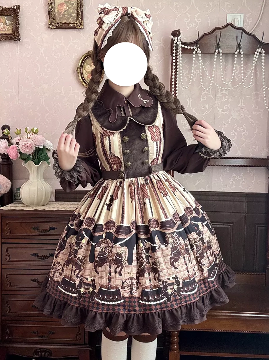 Sleeveless lolita jumper skirt with Peter Pan collar full body front view faceless model showing ruffled hem and dark brown color tone