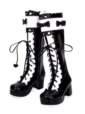 Lolita gothic boots three-quarter angle view showing platform heel, side zipper access, decorative bows, scalloped lace trim, and overall silhouette design