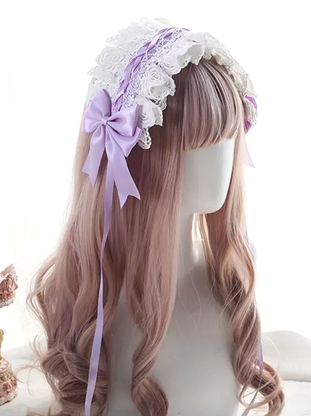 Sweet Lolita lace headband with white ruffled lace and light purple satin bow with long tail, light purple braided trim detail, styled on mannequin with pink wavy hair and cute vintage background, three-quarter view
