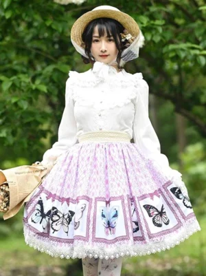 Sweet lolita lavender overskirt straight front full shot with model holding dried flowers straw boater hat