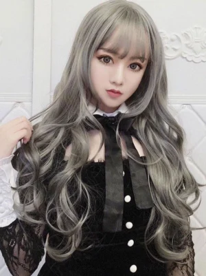 Lolita long wavy wig in ash silver grey with loose tousled waves and air bangs three-quarter front view showing texture detail