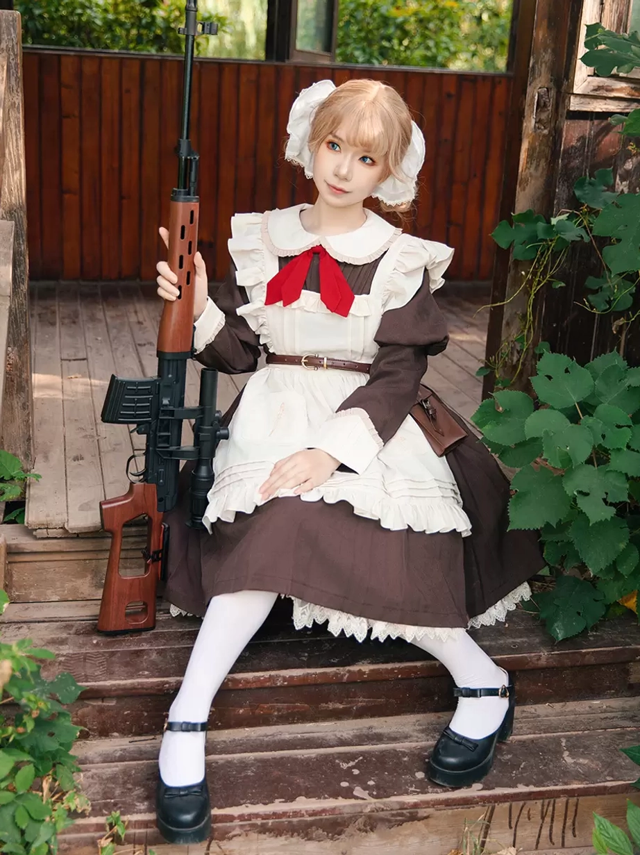 Lolita maid apron full-body sitting view outdoor wooden terrace setting worn by cosplayer with white stockings prop styling