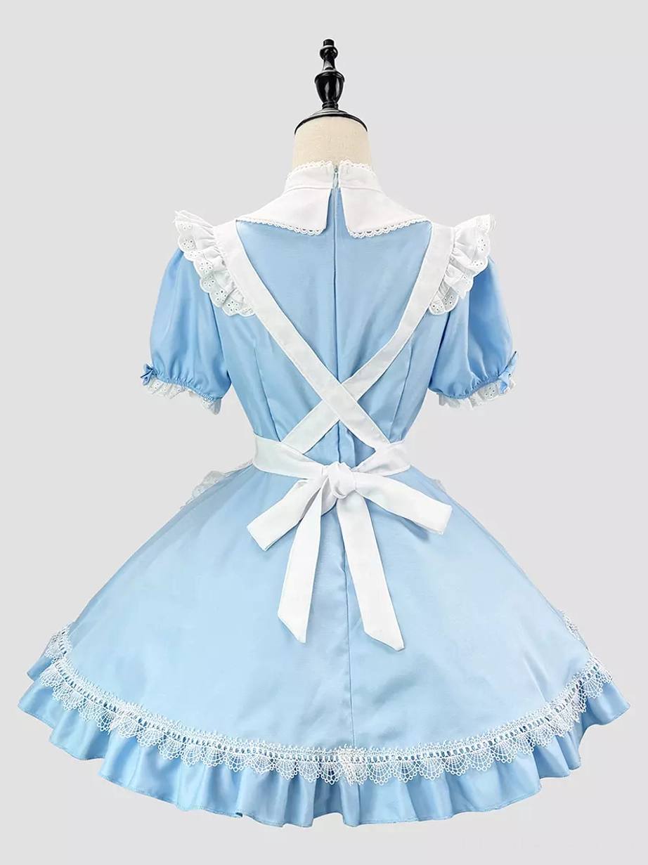 Blue french maid lolita dress back view on dress form displaying cross back straps, large white bow sash accent, lace-trimmed ruffled hem, and rear silhouette design
