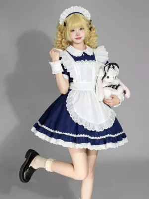 Sweet lolita maid cosplay dress navy blue white lace ruffled apron front angle blonde model with maid accessories holding bunny plush