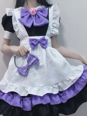 Maid cosplay Lolita dress front close-up detail shot purple bow accents ruffled skirt hem frilled white apron