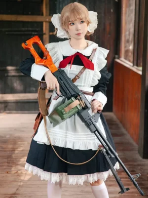 Front view of classic maid-style lolita outfit featuring ruffled lace apron white hair ornaments red neck bow and white stockings on model in vintage indoor setting