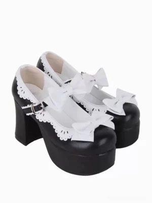 Lolita buckle strap Mary Jane heels top-down view white bow lace edging black platform sandals overhead