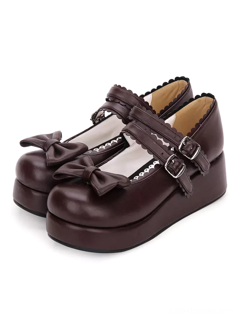 Lolita platform Mary Jane shoes dark brown PU leather double buckled straps decorative bow elegant three-quarter view