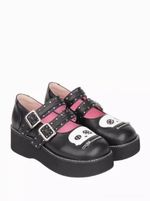 Top side three-quarter view of dual riveted buckle strap Lolita platform Mary Janes showing white sole stitching detail