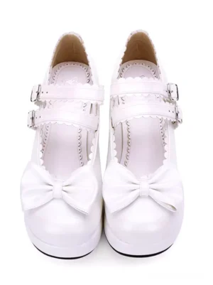 Lolita platform Mary Jane shoes direct front top view scalloped lining buckled frill straps cute bow embellishment