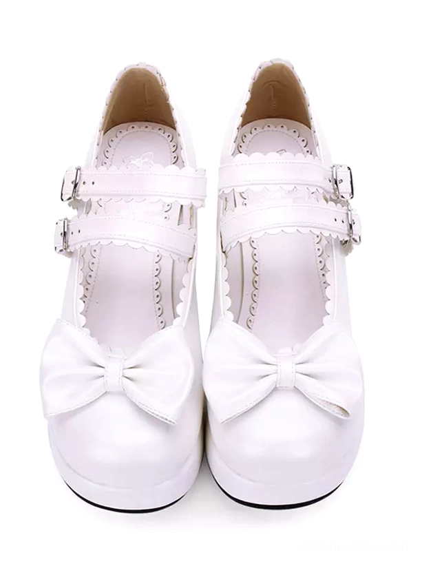 Lolita platform Mary Jane shoes direct front top view scalloped lining buckled frill straps cute bow embellishment