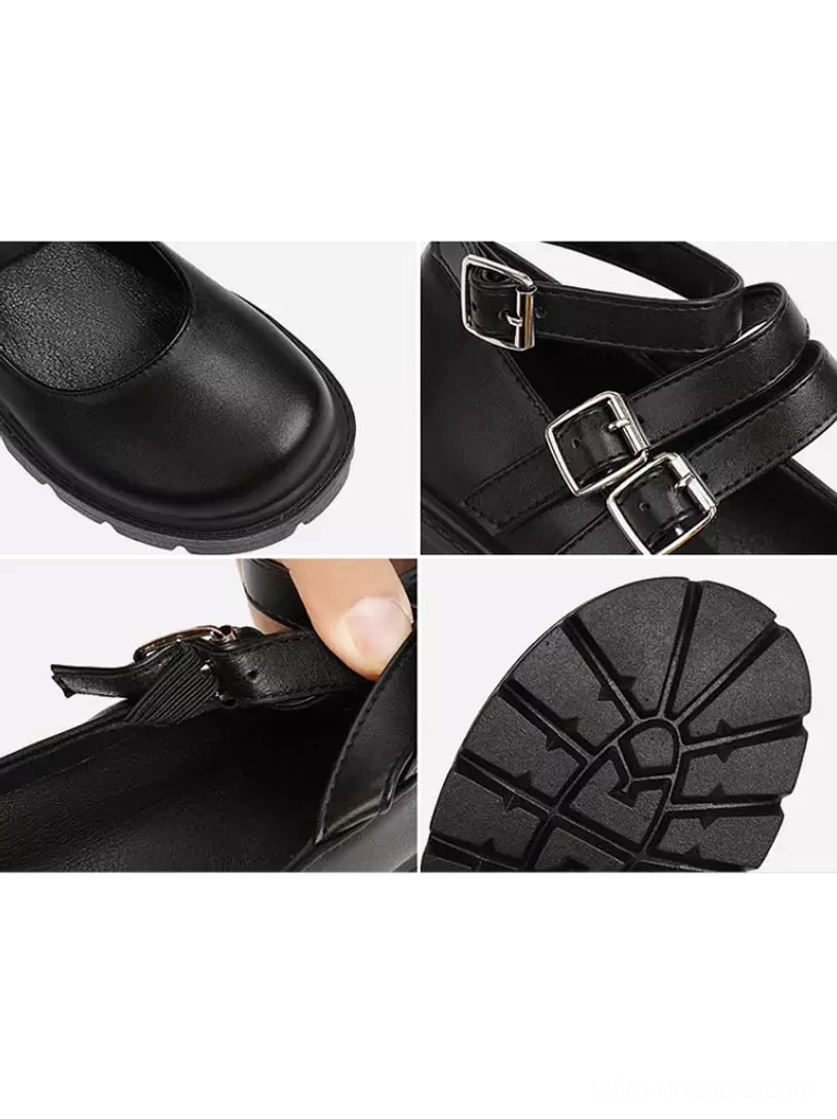Lolita shoes detail collage close-up shots showing round toe shape buckle straps zipper and textured rubber outsole
