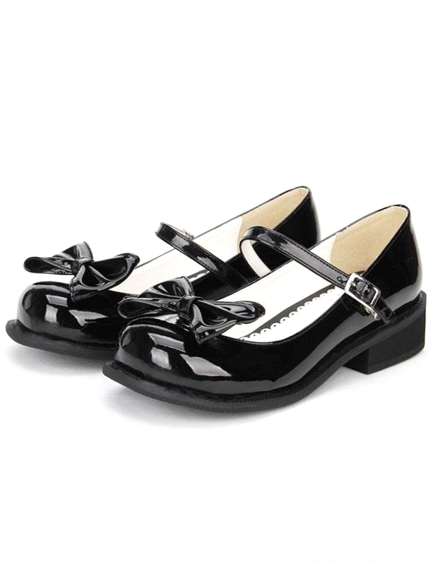 sweet lolita mary jane shoes side three quarter angle view low chunky heel front bow decoration buckle strap black patent leather