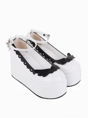 Lolita white Mary Jane platform shoes top front paired view white PU leather black scalloped edge black butterfly accents buckle ankle strap