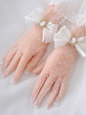 White polka dot lolita sheer mesh gloves with white bow gem ornament accessory detail
