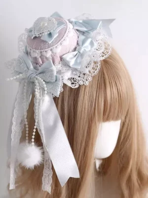 Rococo-inspired lolita headdress featuring heart-shaped pearl decorations, layered satin bows, and lace ribbon details, modeled on light brown bangs wig showing right rear angle and complete ornament design