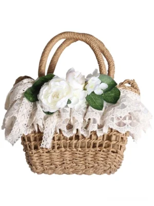 Lolita mini straw tote bag direct front view hollow weave design frilled lace trim white floral decorations
