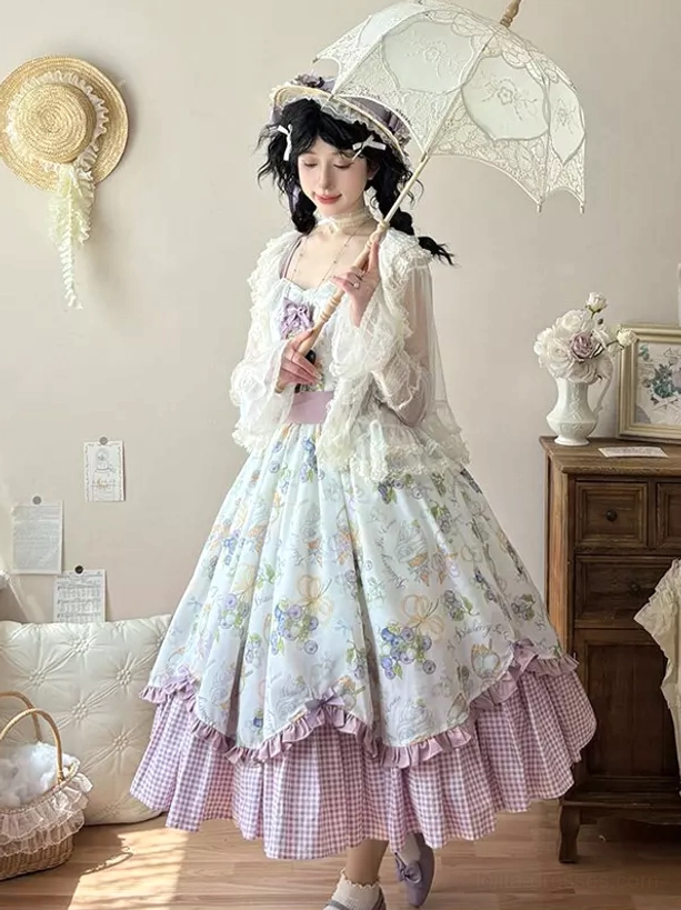 Lolita OP dress black twin braids sheer long-sleeve lace blouse overlay matching floral print front view