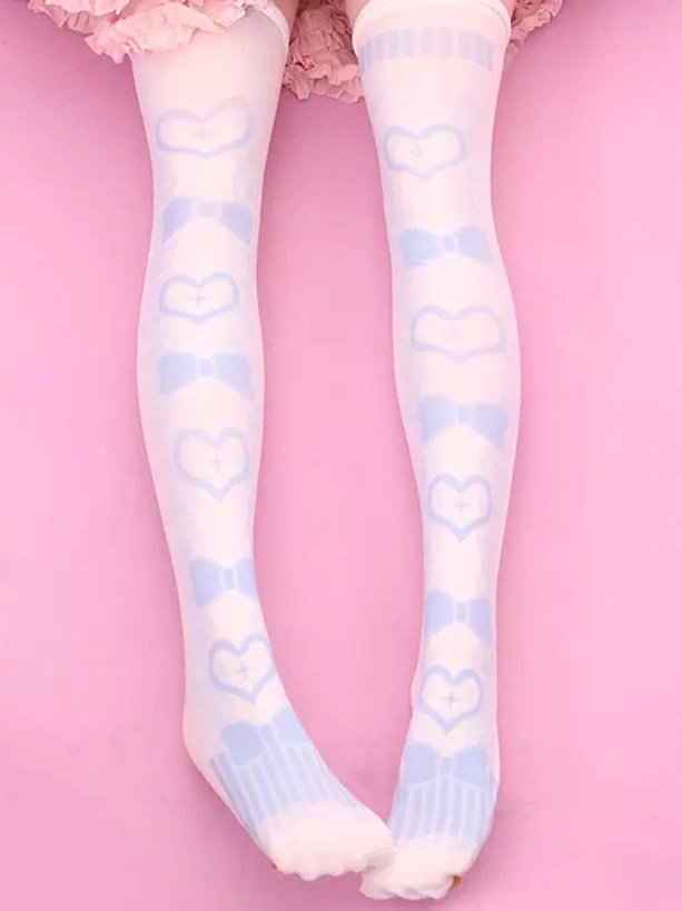Sweet lolita over-the-knee stockings with light blue heart and bow prints, overhead double-leg view showcasing white base and delicate pattern design against pink background
