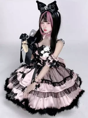 Gothic sweet lolita performance dress side front view showing off-shoulder straps, big head bow, corset-style bodice, and dot-patterned lace details
