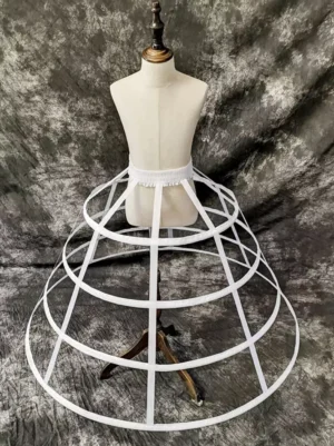 4-layer white lolita cage petticoat displaying full bell-shaped volume from overhead angle, architectural hoop structure visible