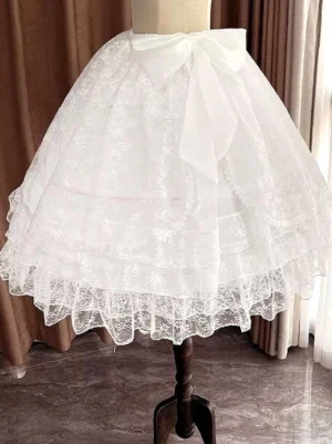 sweet-lolita-petticoat-front-side-angle-floral-lace-overlay-multi-tiered-ruffled-hem-wooden-stand
