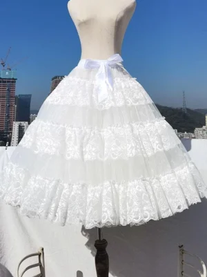lolita petticoat front straight view tiered lace layers white bow city skyline