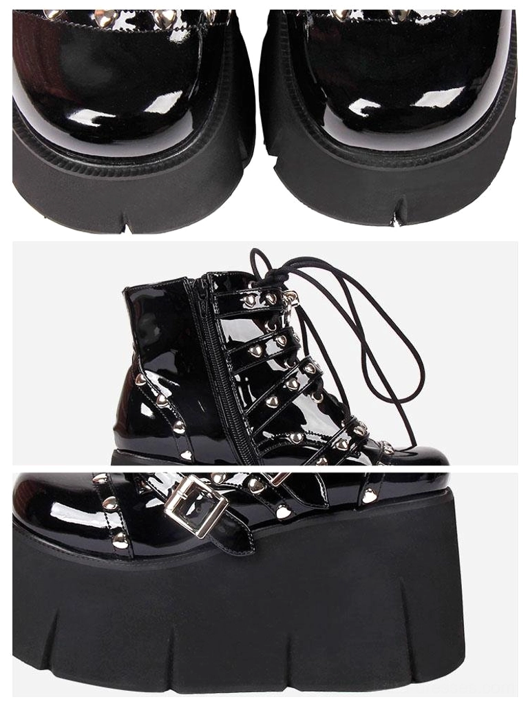Lolita platform boots close-up composite shots showing patent leather toe cap side zipper studded buckle decorations details