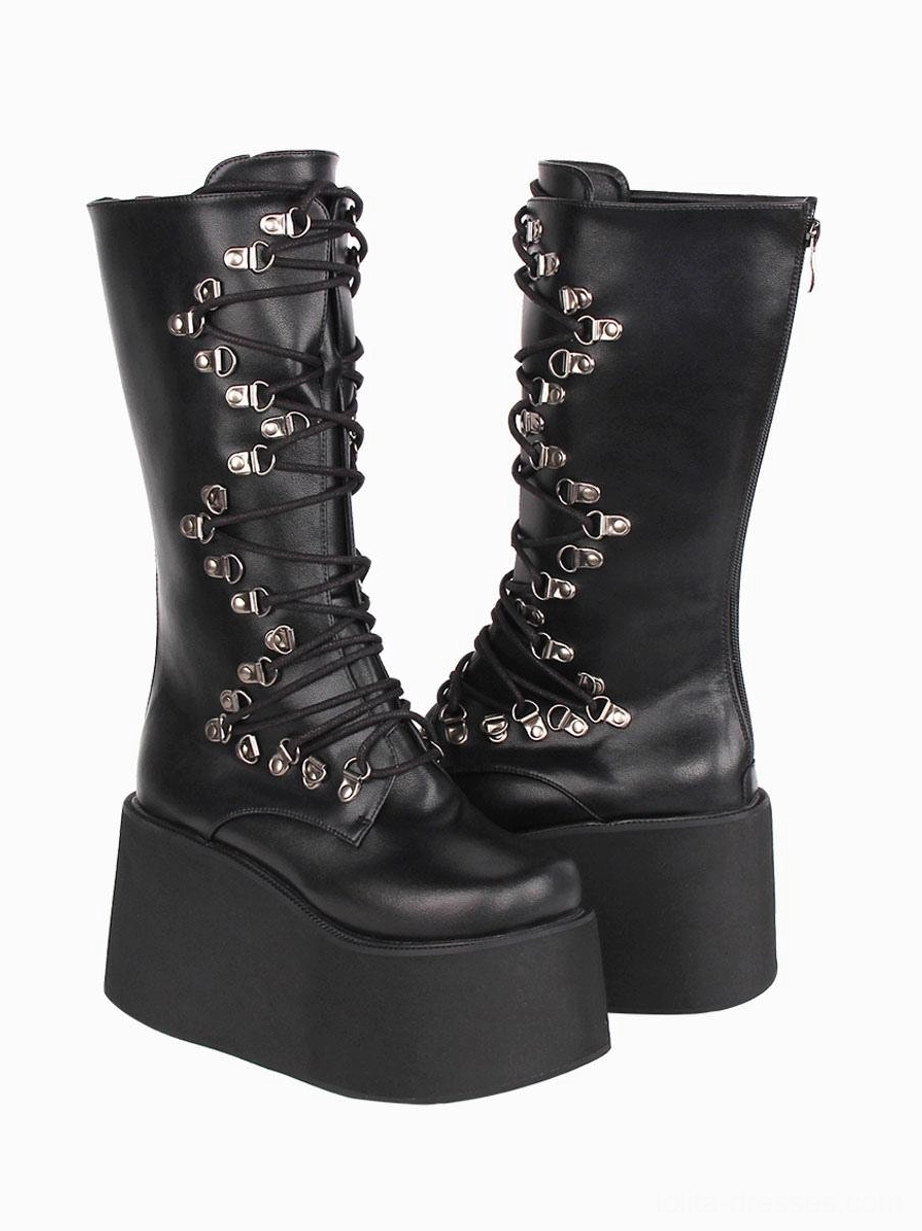 Black lace-up lolita platform boots side three-quarter paired view with side zipper round closed toe and matte black surface
