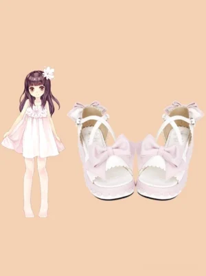 Lolita platform sandals styled in anime character composite flat lay scene, showing coordinated sweet lolita aesthetic with warm beige background