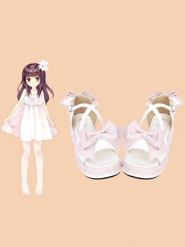 Lolita platform sandals styled in anime character composite flat lay scene, showing coordinated sweet lolita aesthetic with warm beige background