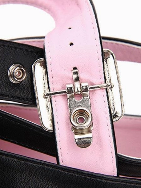 Lolita wedge shoe buckle strap hardware close-up side view showing metal lock fastener, dual cross-straps, and pink inner lining detail