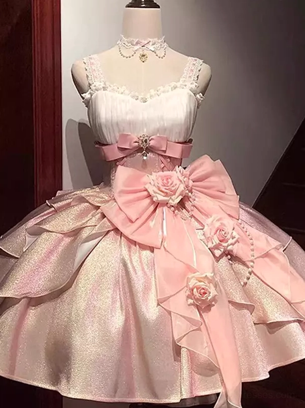 pink white princess lolita formal dress with lace shoulder straps and fabric roses flat full view
