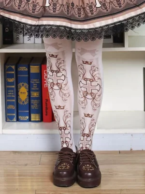 lolita printed stockings close-up front leg view symmetrical brown prints on light pink base vintage aesthetic lolita fashion matching coordinate